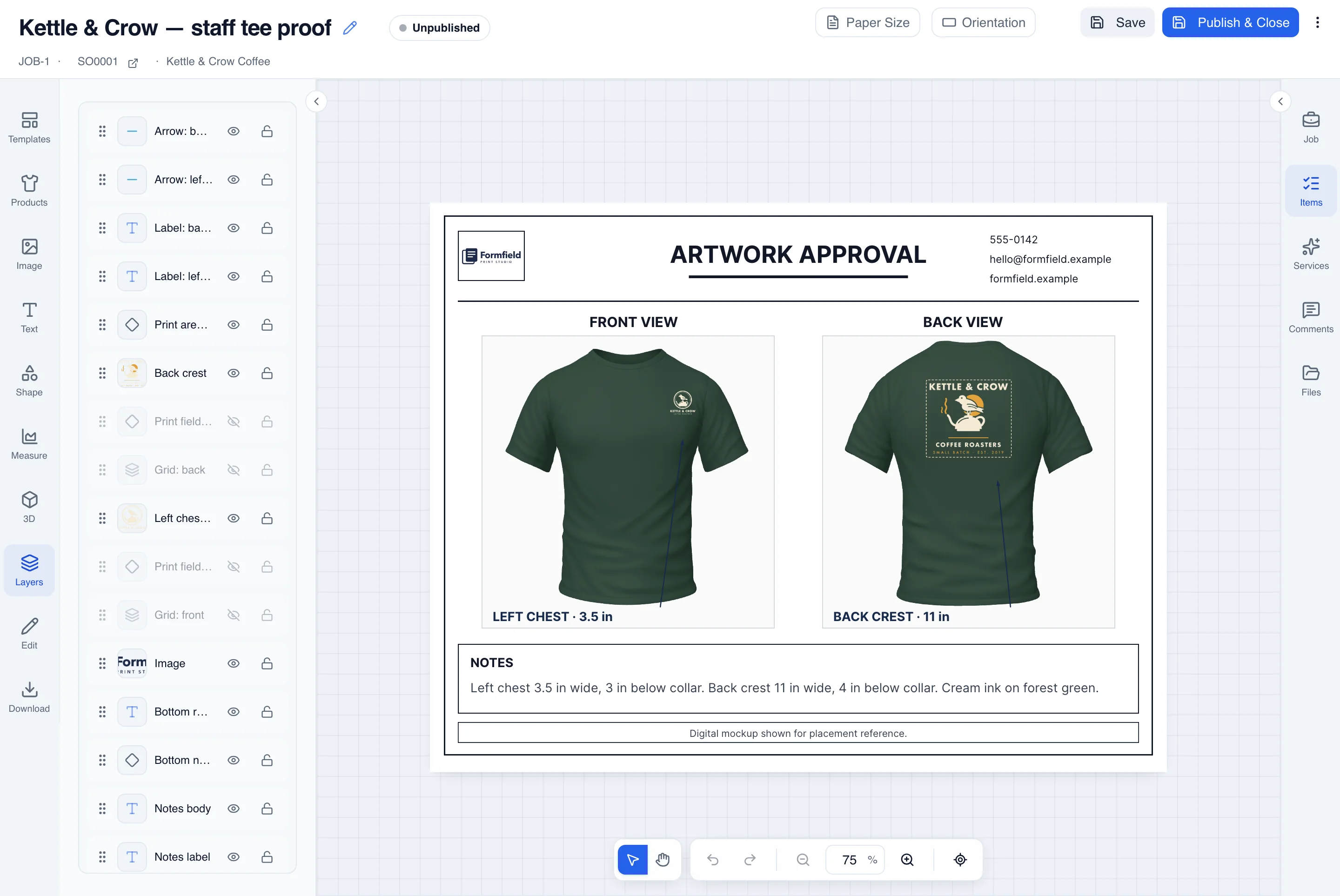 The Mockup Creator editor with a front-and-back tee proof on the canvas and its Layers panel open: the shop’s logo, both views with the customer’s artwork printed on the tee, a label and arrow for each print, and placement notes.