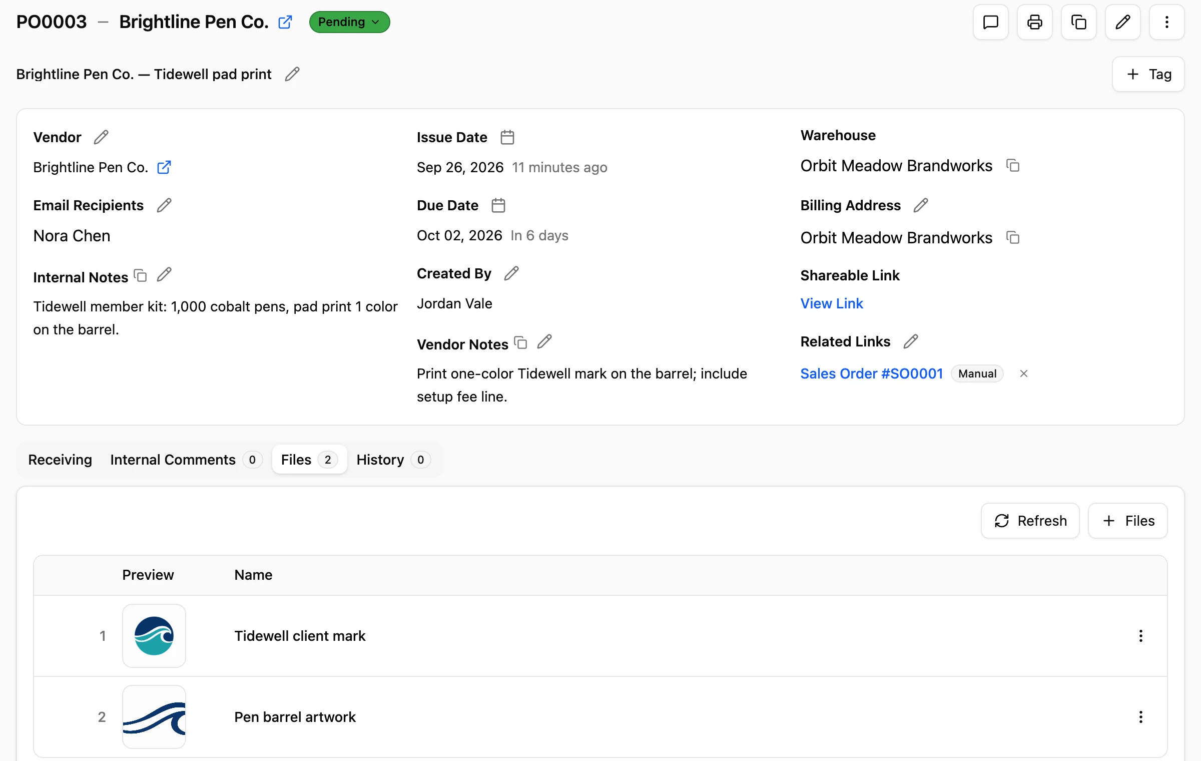 A purchase order to a vendor in YoPrint, linked to the client's sales order, with email recipients, a share link and two attached print files.