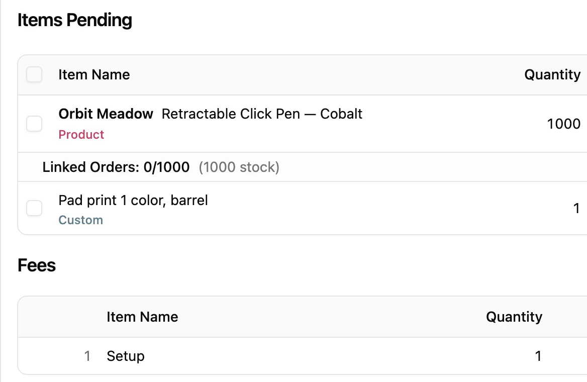 The same purchase order's lines: the pens as a product, the pad printing as a custom item and a setup fee.