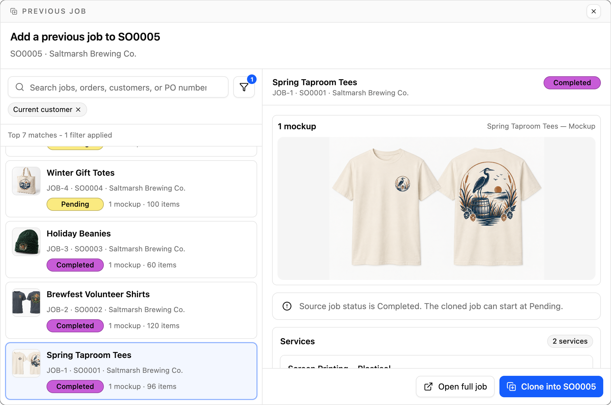 Adding a previous job to the order: past jobs with their mockups, one selected to clone