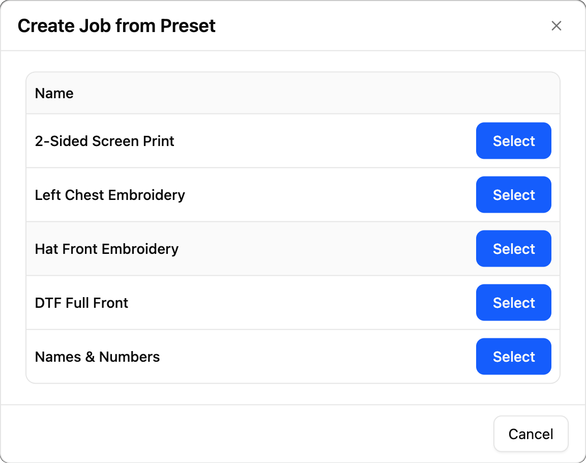 Creating a job from a saved preset