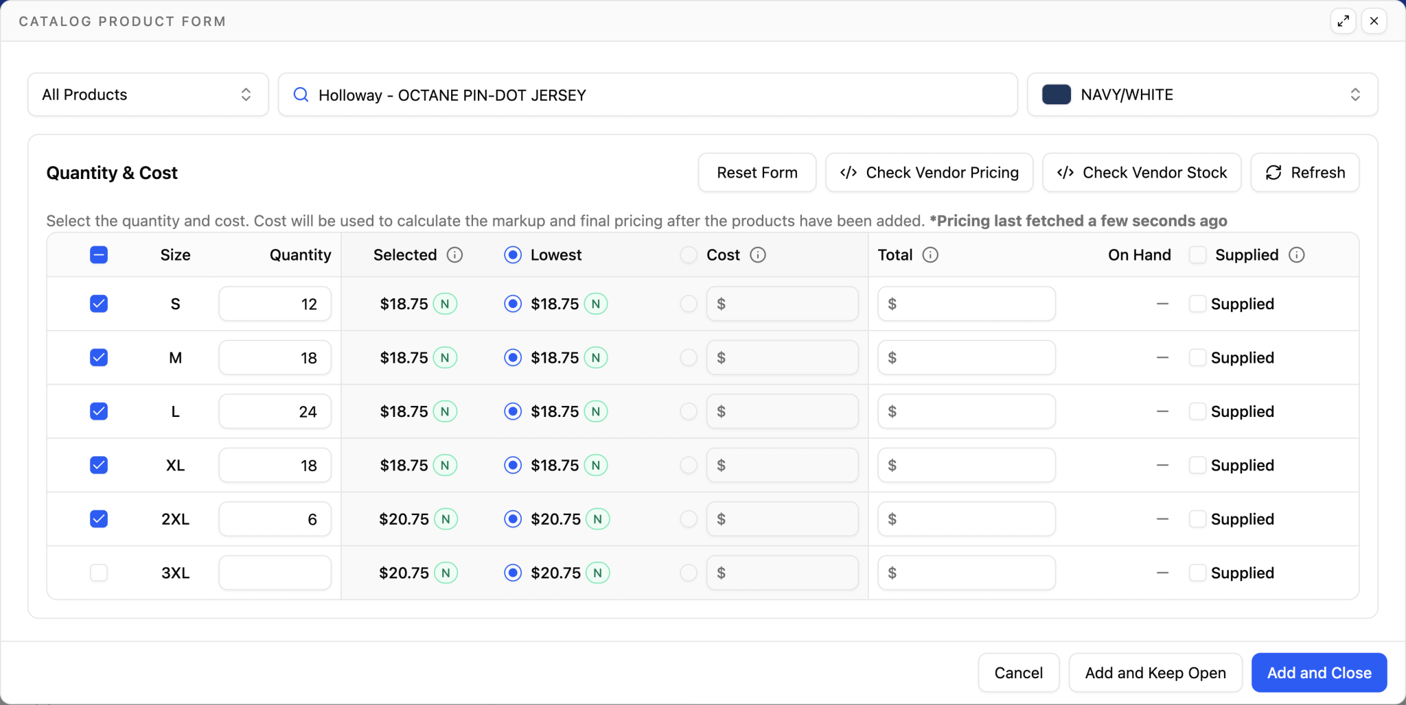 Navy and white Holloway jerseys with quantities entered across five sizes and the selected account price shown in YoPrint.