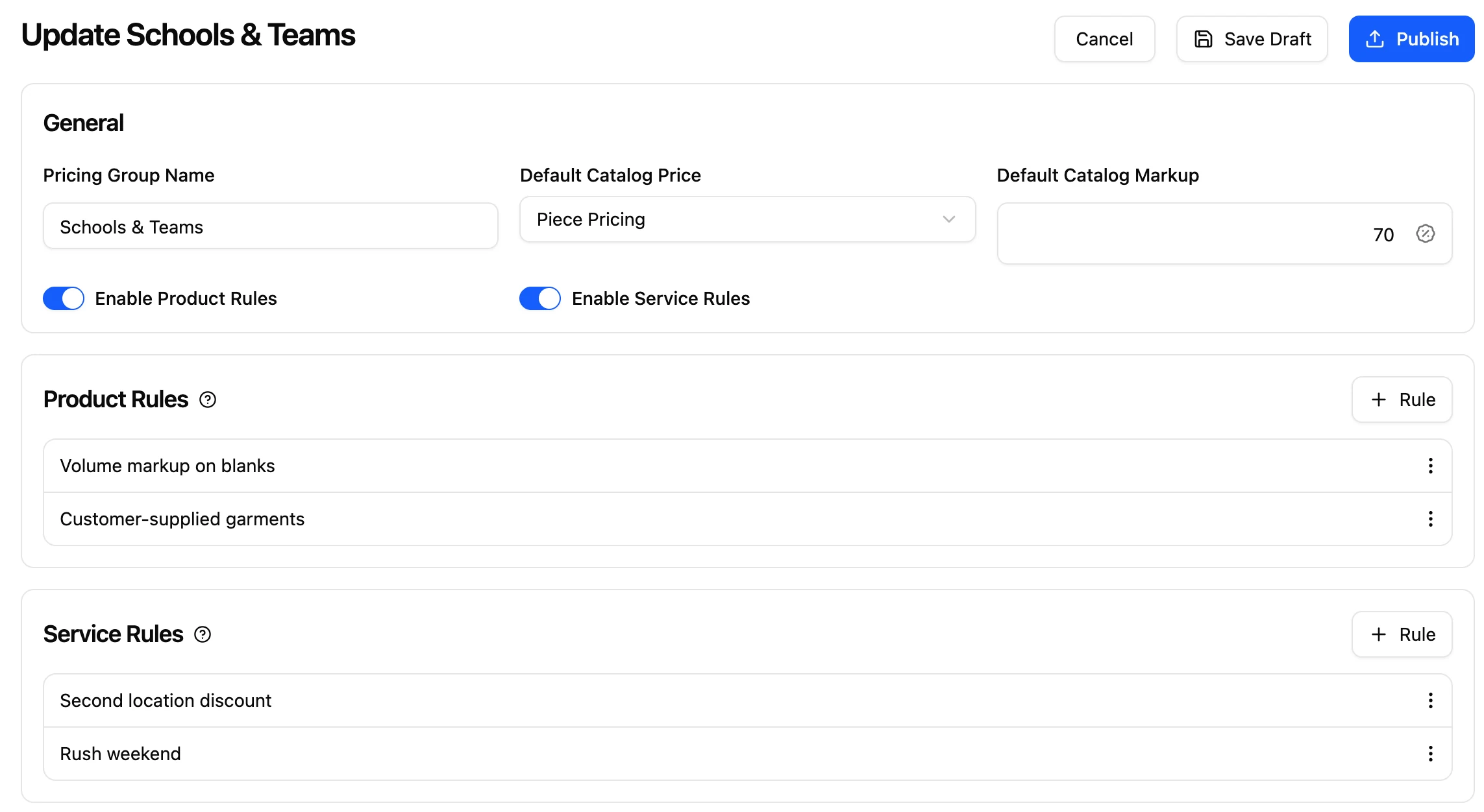 The Schools & Teams pricing group in YoPrint: piece pricing with a 70% default catalog markup, product and service rules switched on, and four rules listed.