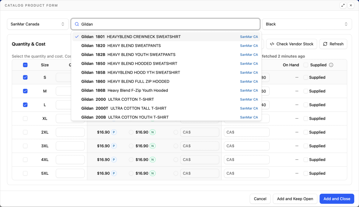 SanMar Canada catalog search in YoPrint, with Gildan styles labelled SanMar CA and size selection.