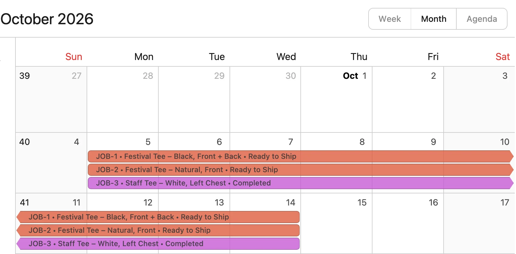 The jobs calendar in Month view for October 2026: the order's three jobs, Festival Tee Black, Festival Tee Natural and Staff Tee White, as bars from October 5 to 14.