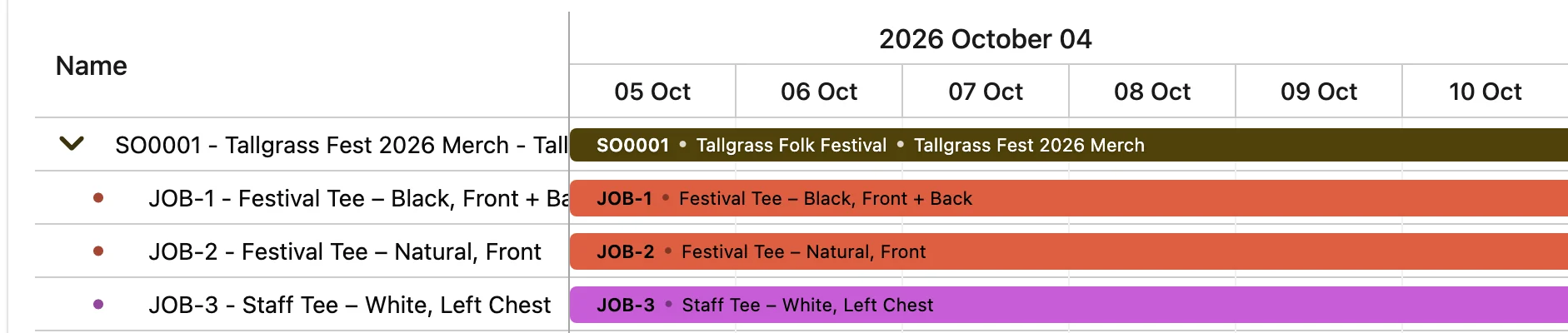 Production Control's Gantt timeline: SO0001, Tallgrass Fest 2026 Merch, expanded to its three job rows with their bars from October 5.