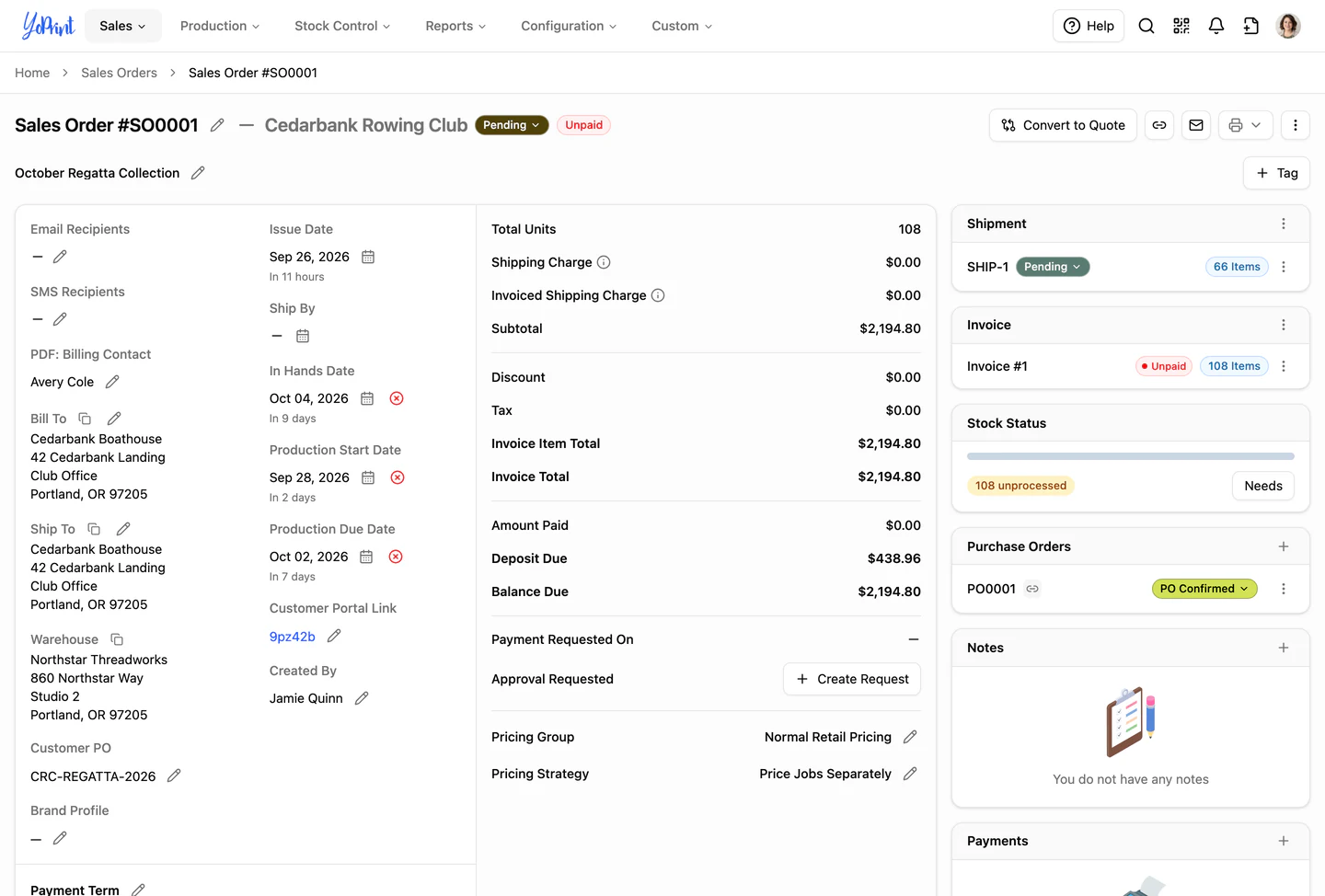 The sales order page: its shipment, unpaid invoice, stock status and confirmed purchase order