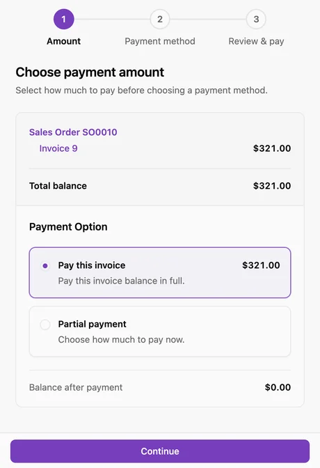 Customer Portal payment amount for order SO0010: Pay this invoice selected at $321.00, Partial payment available, a $0.00 balance after payment, and Continue.