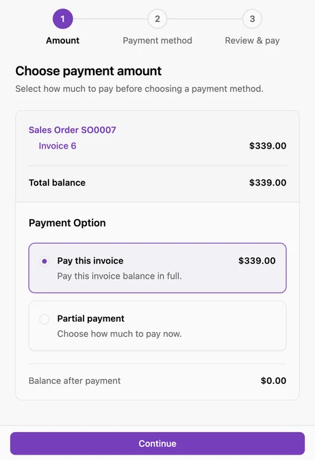 Customer Portal payment amount for order SO0007: Pay this invoice selected at $339.00, Partial payment available, a $0.00 balance after payment, and Continue.
