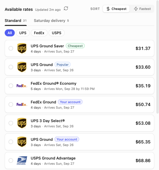 Shippo carrier rates for the shipment: UPS, FedEx and USPS services with delivery dates and prices