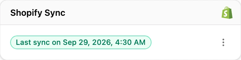 The same order's Shopify Sync card: Last sync on Sep 29, 2026, 4:30 AM