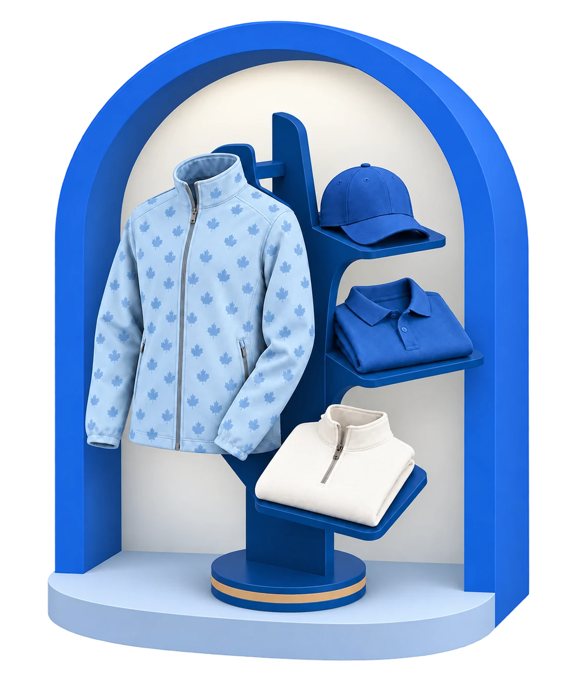 A cap, polo, jacket and quarter-zip on a blue merchandising stand in an arched display niche