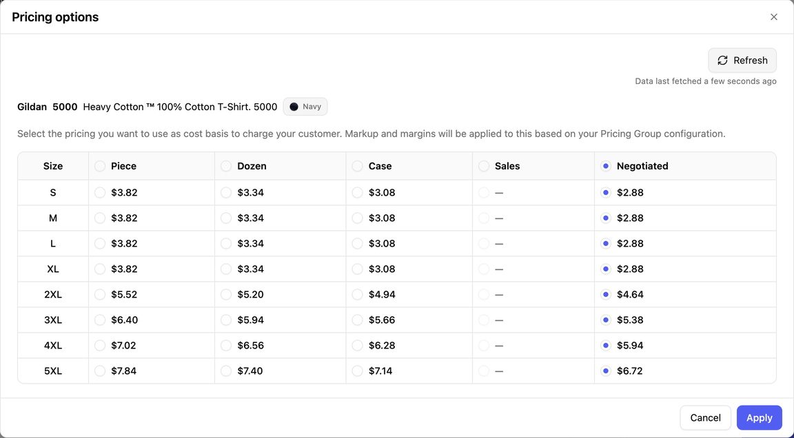 Pricing options for the same shirt: piece, dozen, case and negotiated prices by size