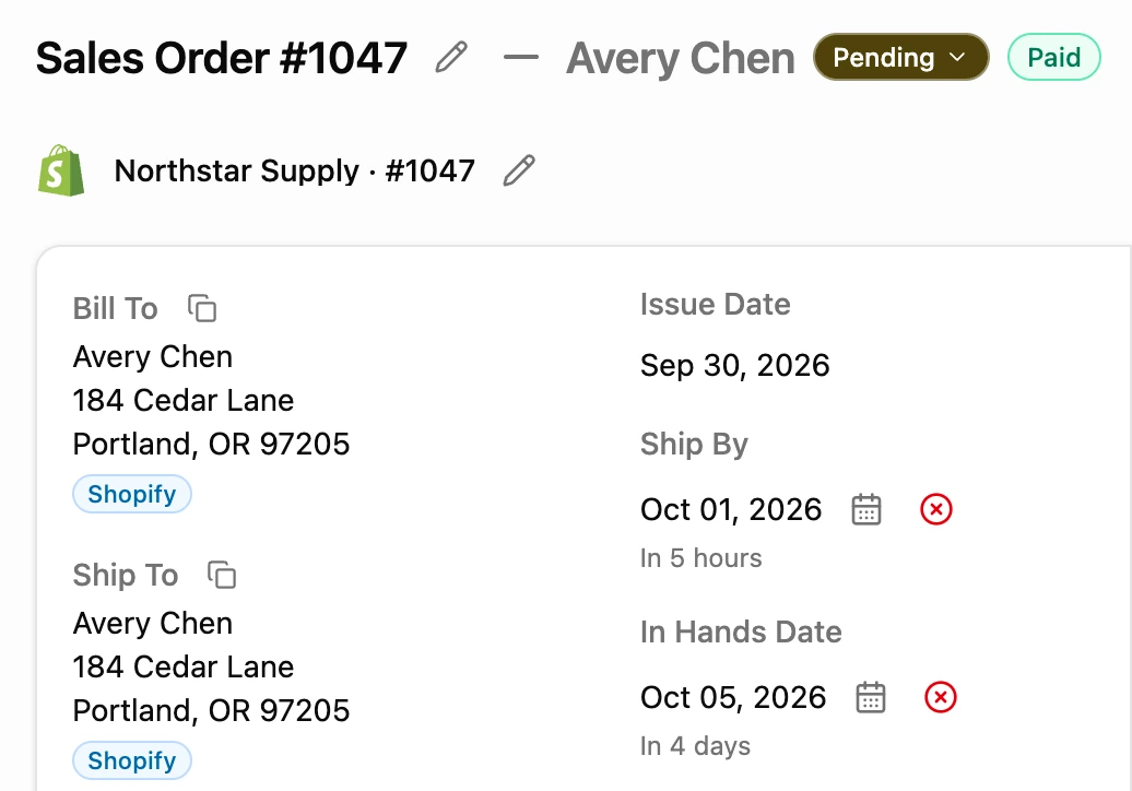 Sales order #1047 in YoPrint, from Northstar Supply on Shopify: the Shopify mark beside the store’s order number, the Paid badge, and the customer’s addresses tagged Shopify.
