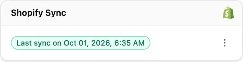 The order’s Shopify Sync card: last sync on Oct 01, 2026, 6:35 AM.