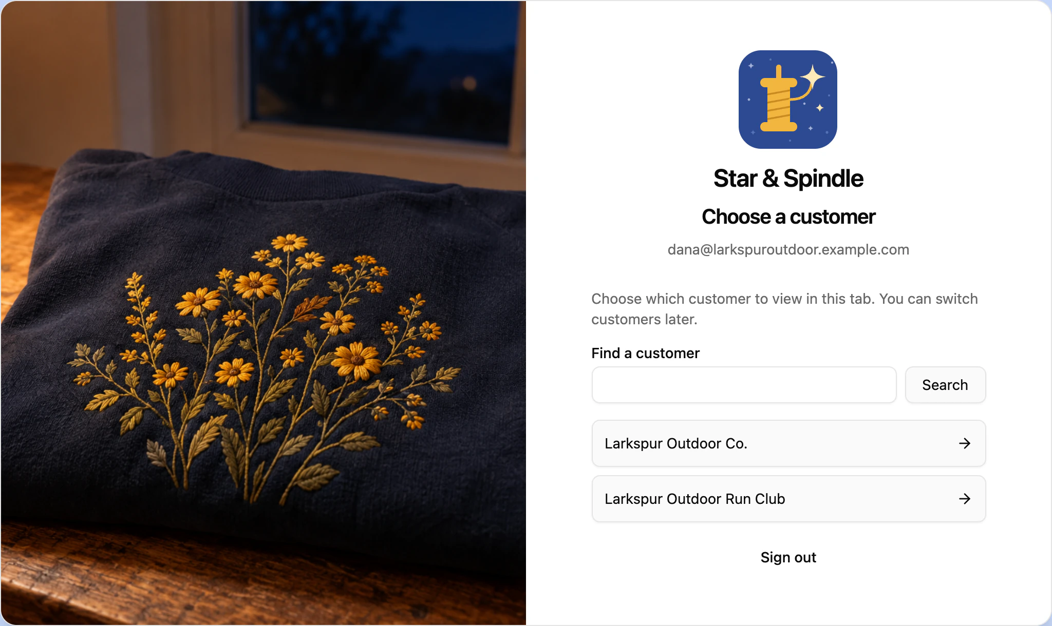 After the code, one login chooses between two customers: Larkspur Outdoor Co. and Larkspur Outdoor Run Club