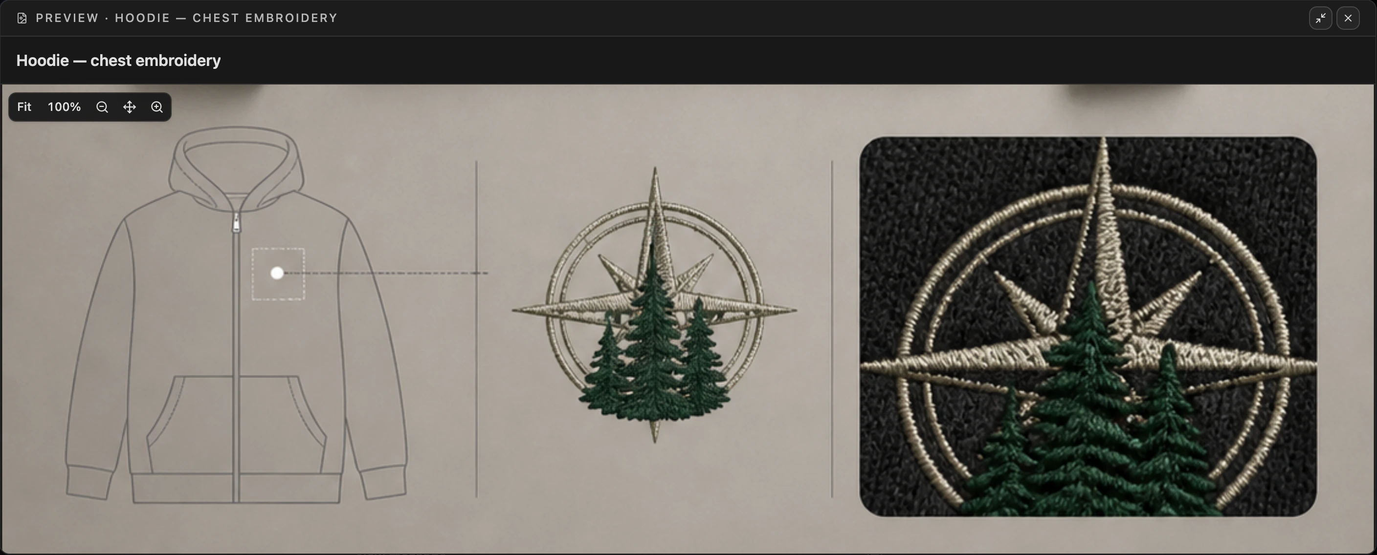 The hoodie proof zoomed in the review preview: the placement drawing, the emblem and a close-up of its stitches, with Fit, 100% and zoom controls.