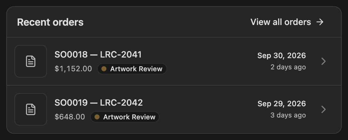 Recent orders in dark mode: SO0018 and SO0019, both in Artwork Review