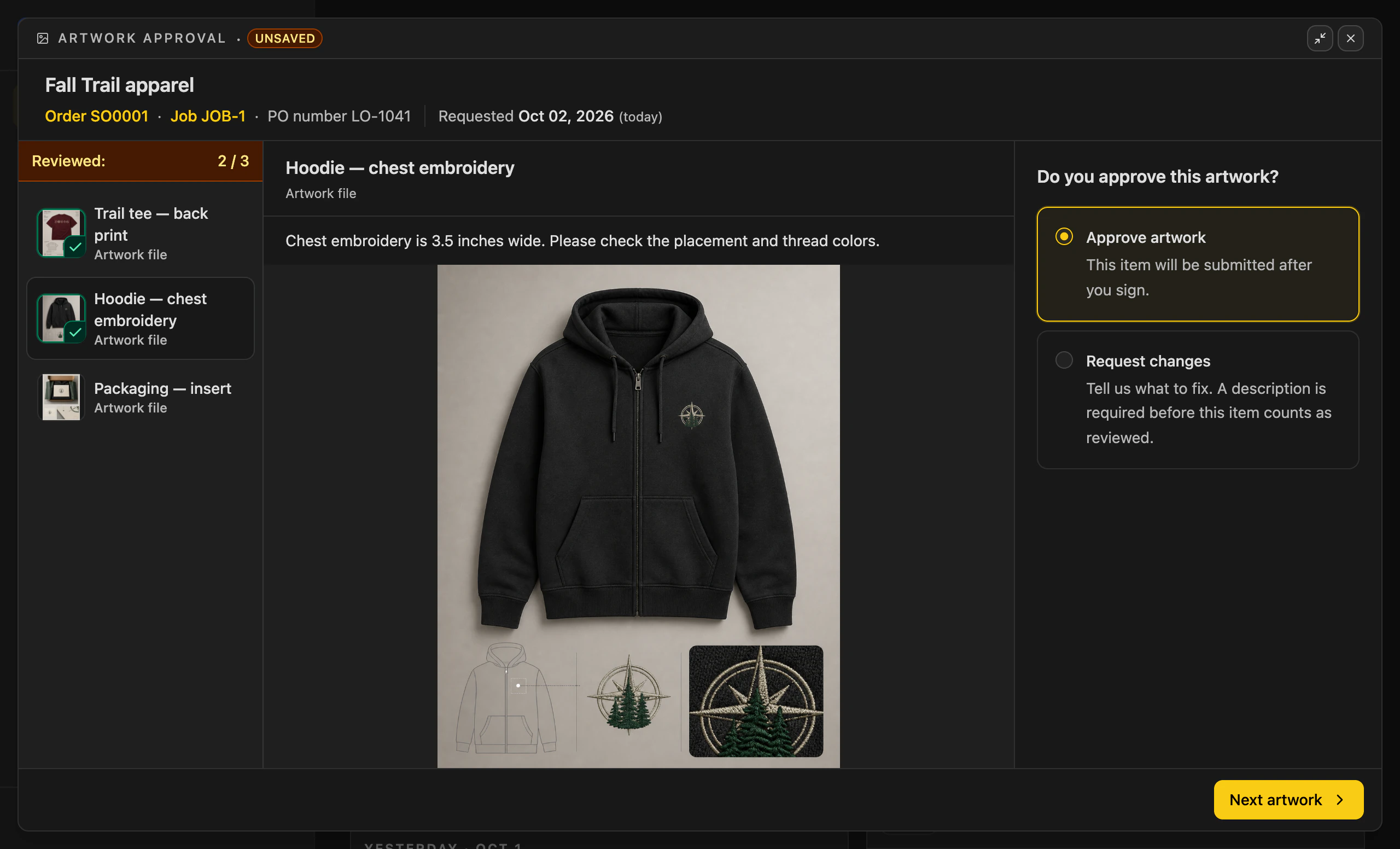 The same artwork review in dark mode, with Approve artwork in the yellow accent
