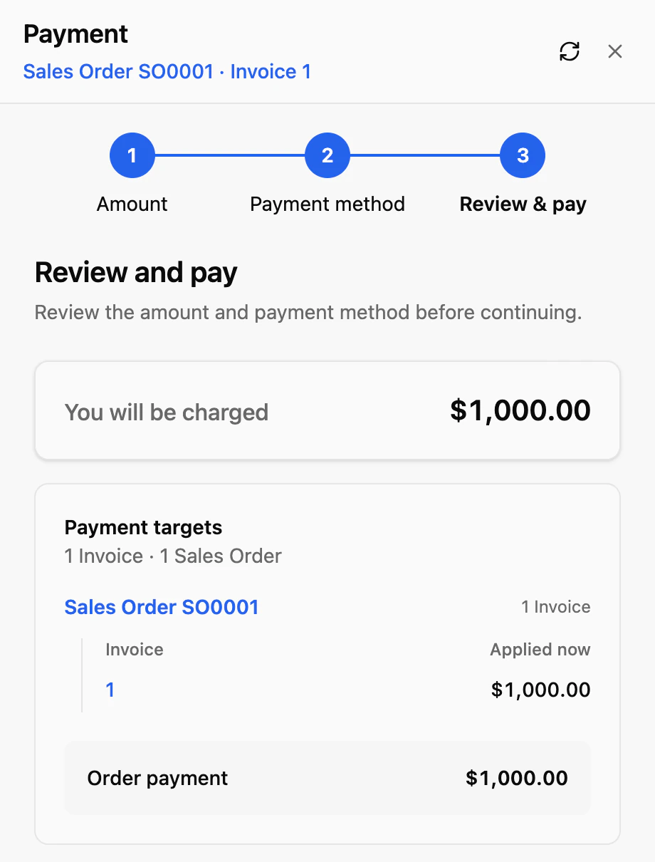 Review and pay: You will be charged $1,000.00, applied to SO0001's invoice 1.