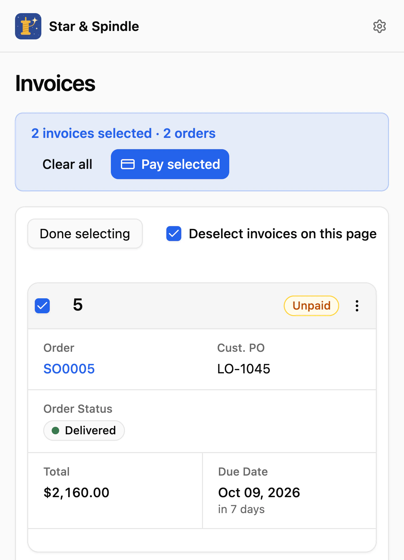 The same selection on a phone: 2 invoices selected, 2 orders, and Pay selected.