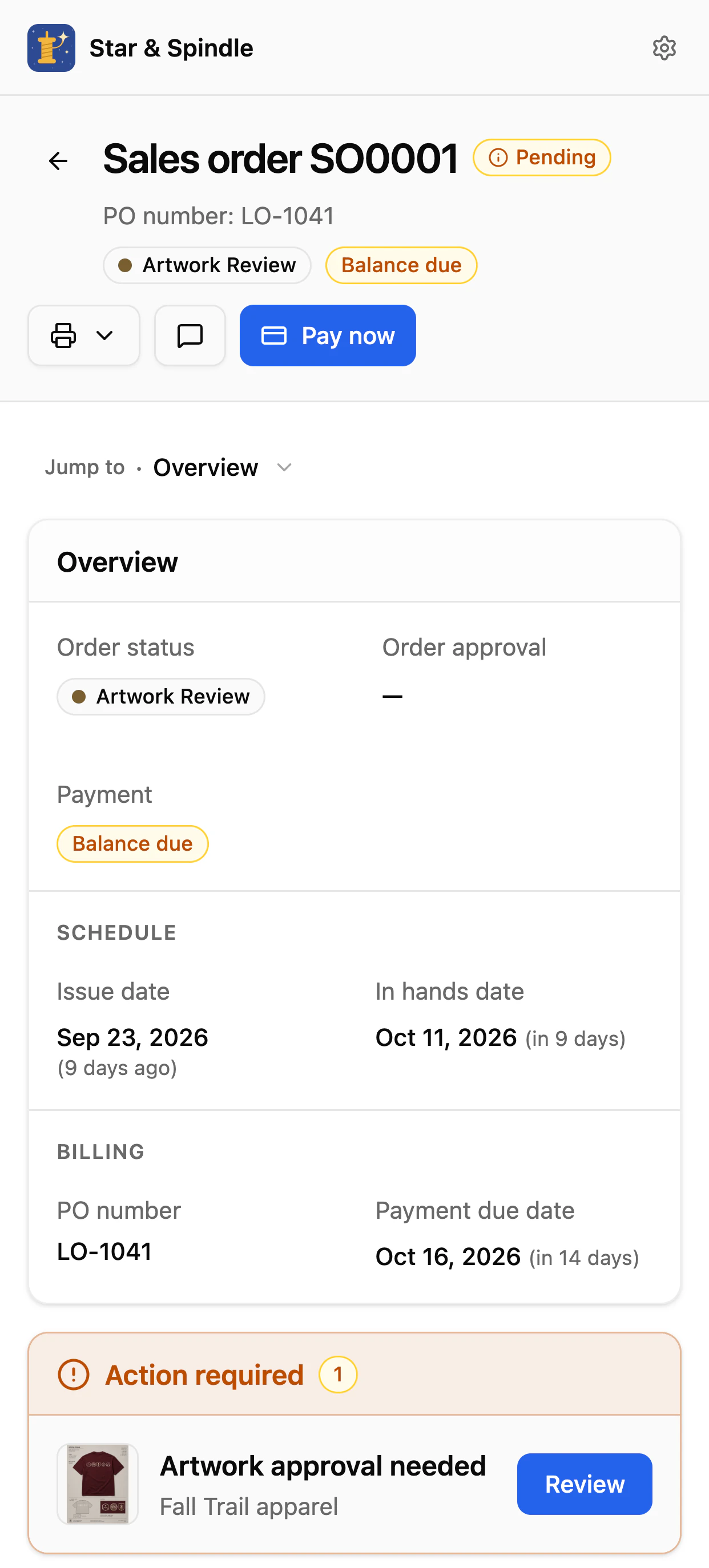 The same order on a phone: Pay now at the top, then its overview, schedule, billing and the action required.