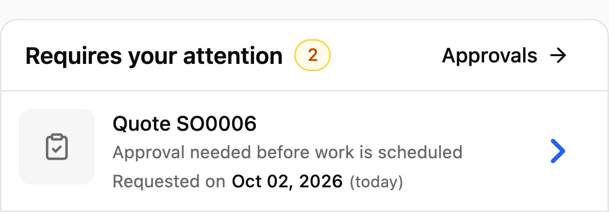 Quote SO0006 in Larkspur Outdoor Co.'s Requires your attention list: approval needed before work is scheduled, requested today.
