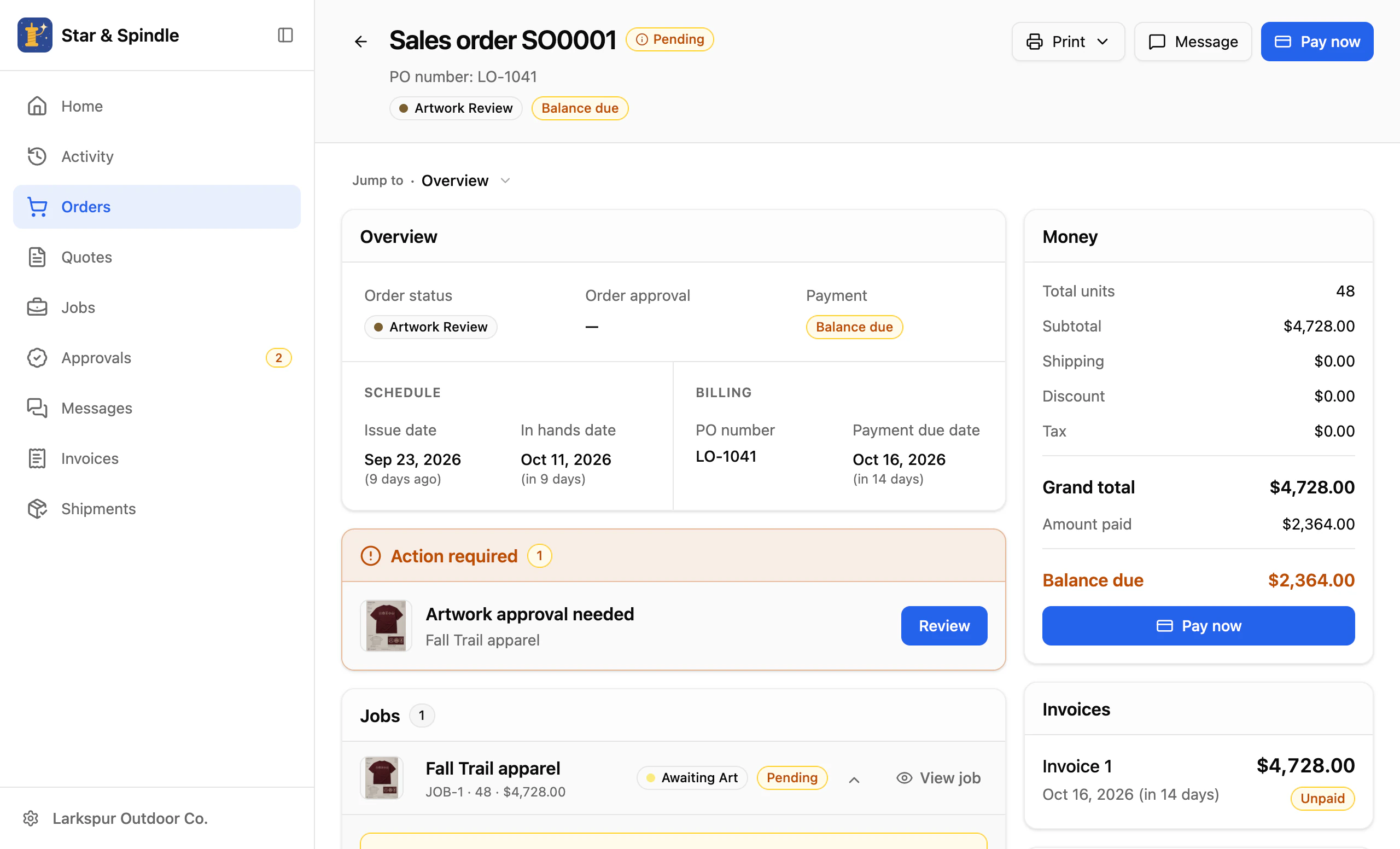 Sales order SO0001 in Star & Spindle's portal in light mode: its overview, action required, job and money