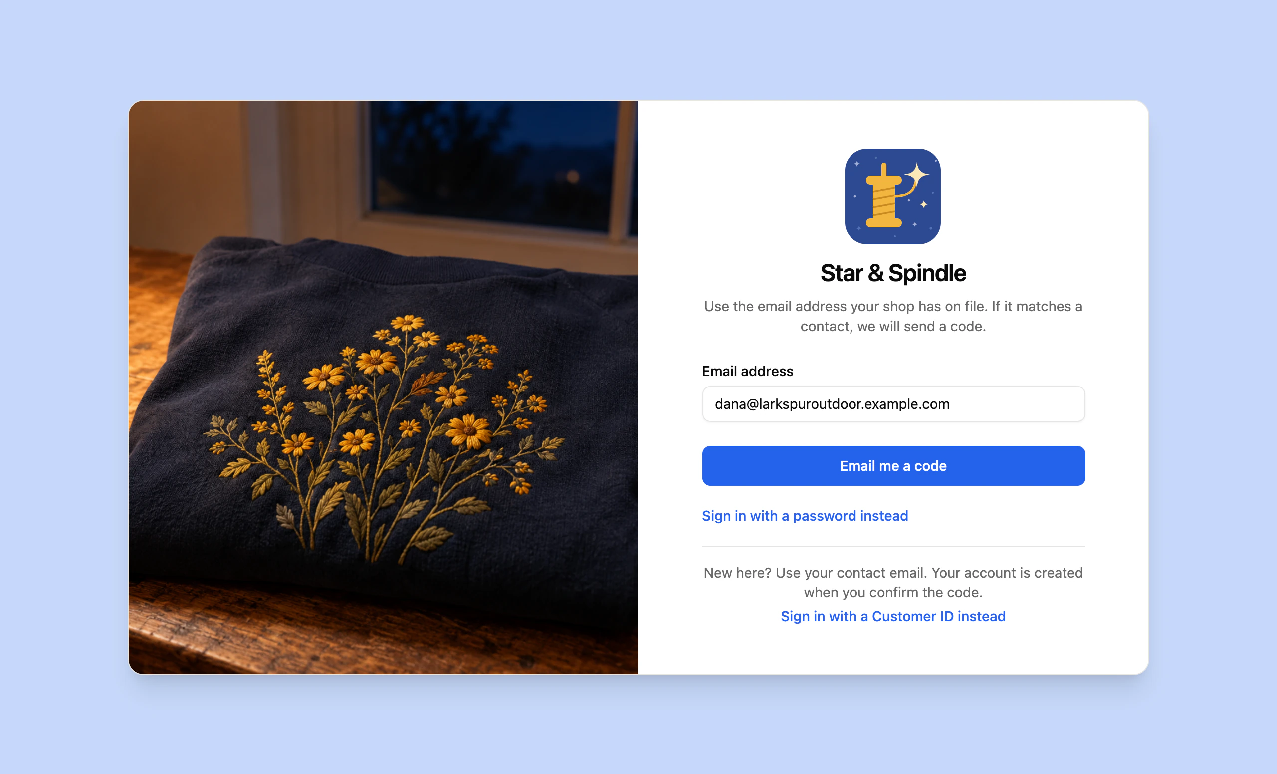 Star & Spindle's portal sign-in in light mode, with the shop's logo, its embroidery photo and a blue Email me a code button