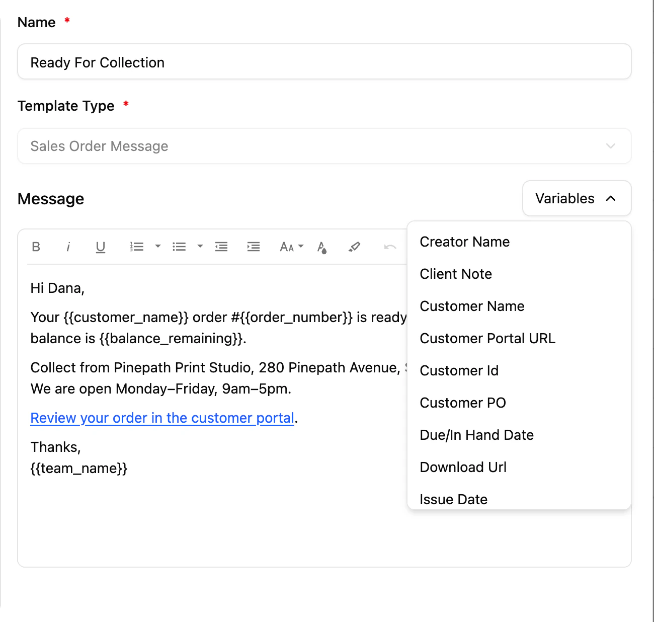 YoPrint Edit Email Template for Ready For Collection: the message body uses placeholders for the customer name, order number, balance remaining and team name, with the Variables menu open to insert more.