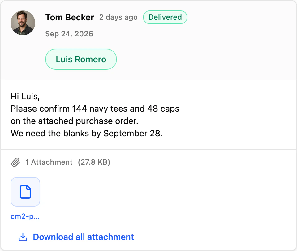 Sep 24, 2026, Delivered: Tom Becker to Luis Romero asking to confirm 144 navy tees and 48 caps on the attached purchase order, needed by September 28.