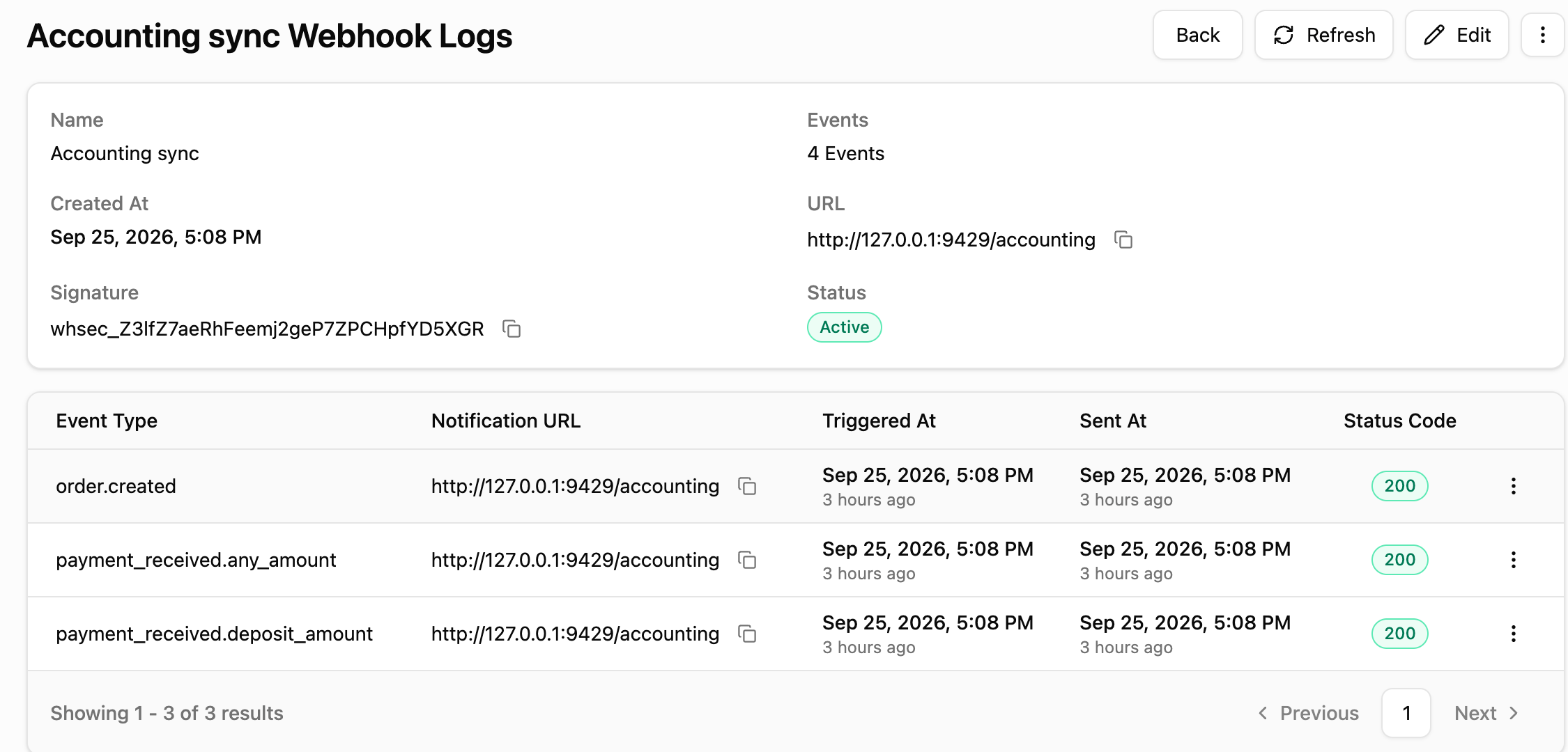 A webhook delivery log: each order event, when it was sent, and the endpoint’s 200 response
