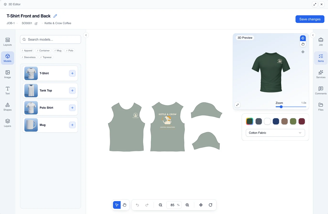 YoPrint's Mockup Creator: the 3D editor with the T-shirt's flat pattern and the customer's artwork, its live 3D preview and the colour choices