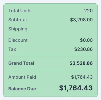 A sales order's totals: grand total, amount paid and the balance due