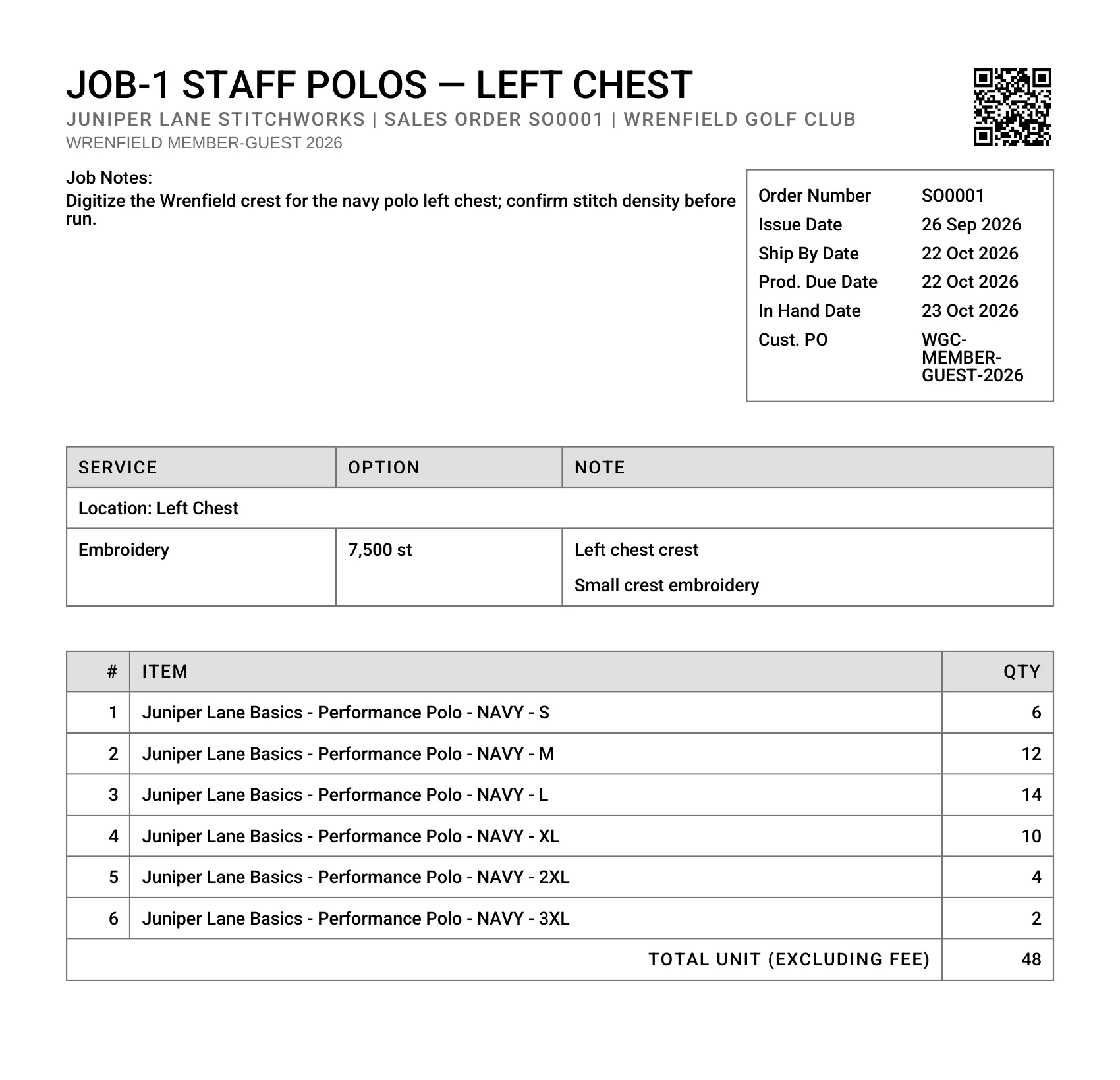 The polo job's printed worksheet: its QR code, the embroidery service at 7,500 stitches on the left chest, and the size run.
