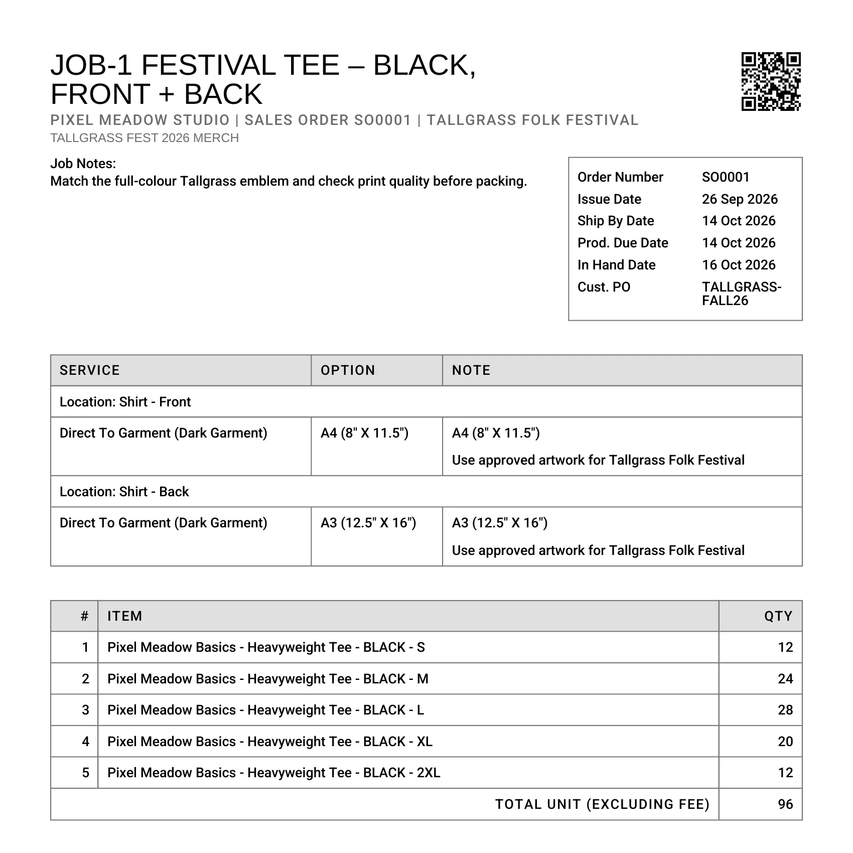 The black-tee job's worksheet PDF: the job, its QR code, both Dark Garment service rows and the garment lines.
