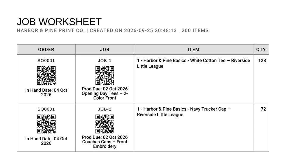 A YoPrint job worksheet for one order: the order and each of its two jobs has its own QR code, with the item and quantity beside it.